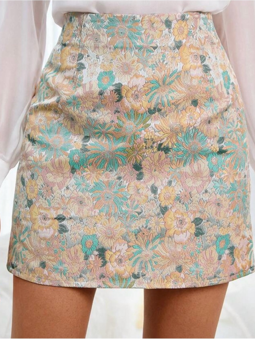 SHEIN Pastel Floral Jacquard Mini Skirt in Yellow, Teal & Pink